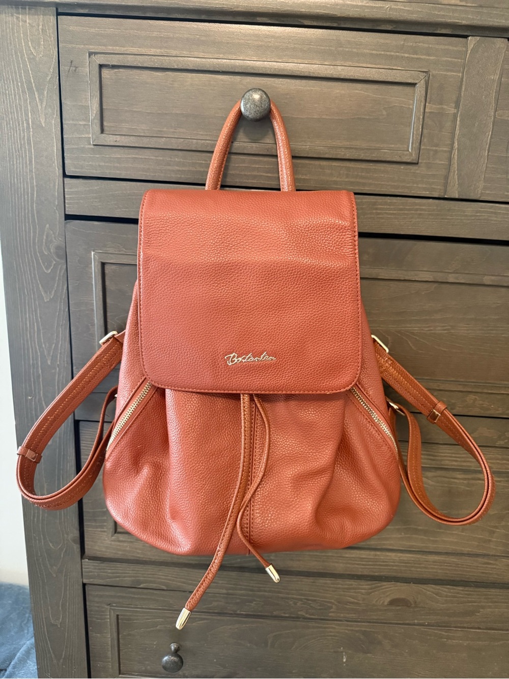 Leather Drawstring Backpack in Camel